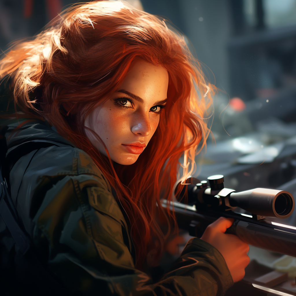 Powerful female sniper with vibrant red hair