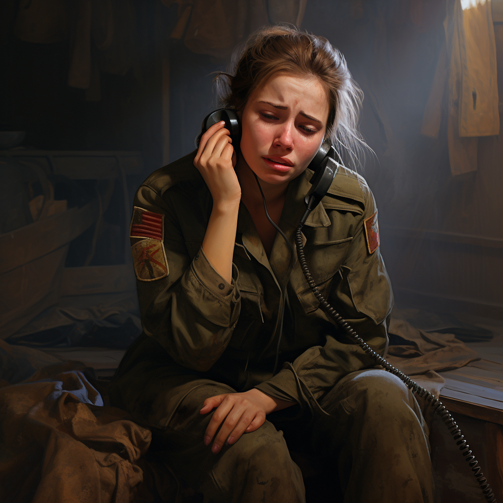 Female soldier in tears on phone