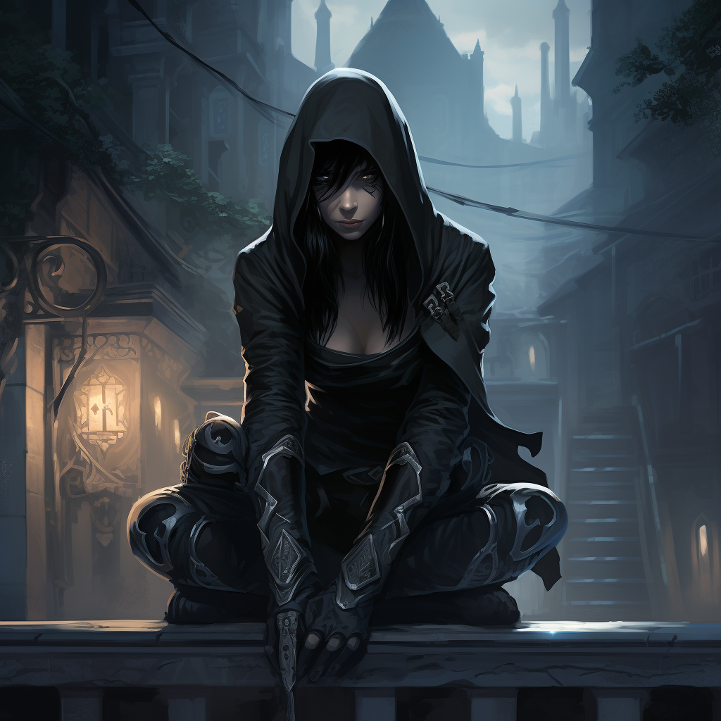 Dark-clad female thief perched on building