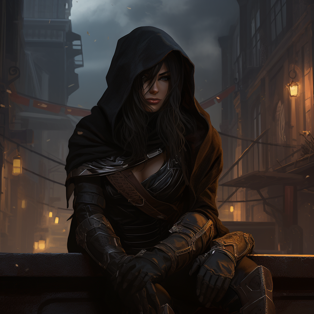 Mysterious female thief in dark attire sitting on building ledge