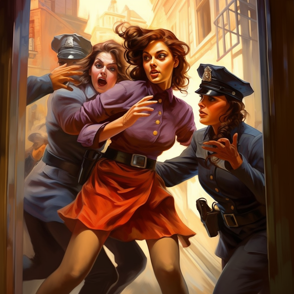 Illustration of female thieves being caught by policewoman