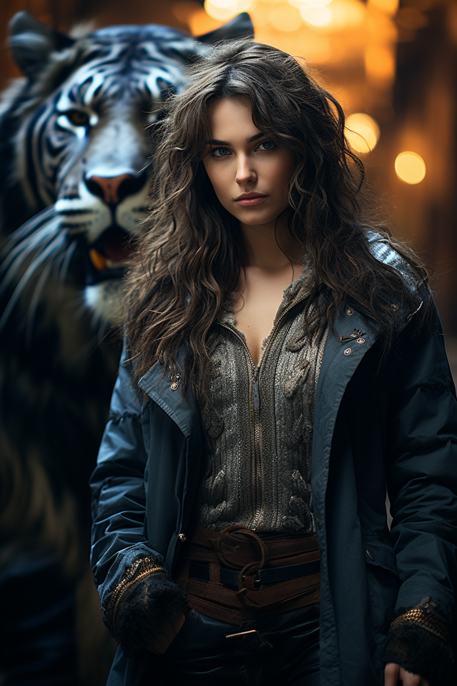 Female warrior with aggressive tiger in castle