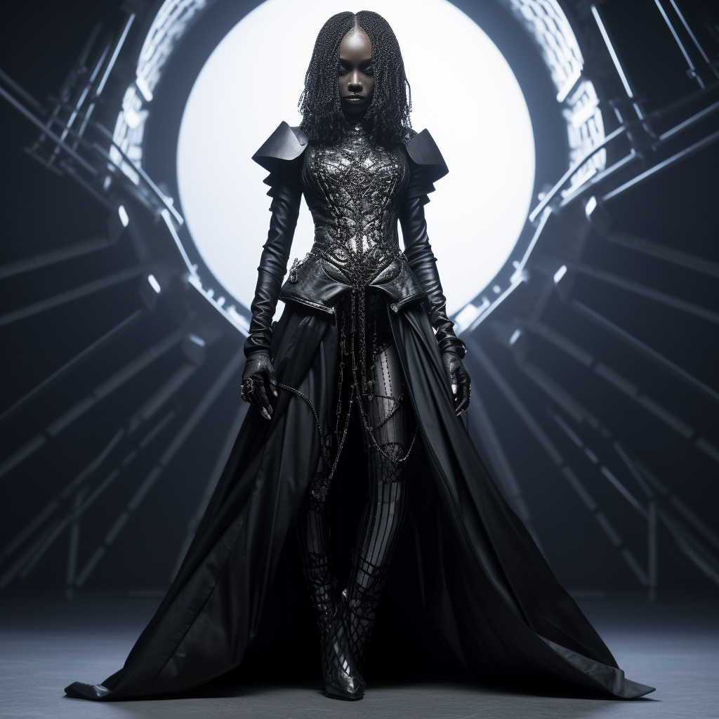 Feminine alien in black and silver clothing