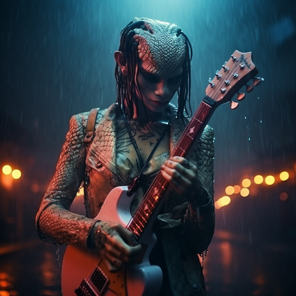 Feminine Snake Head with Scaly Skin and Guitar