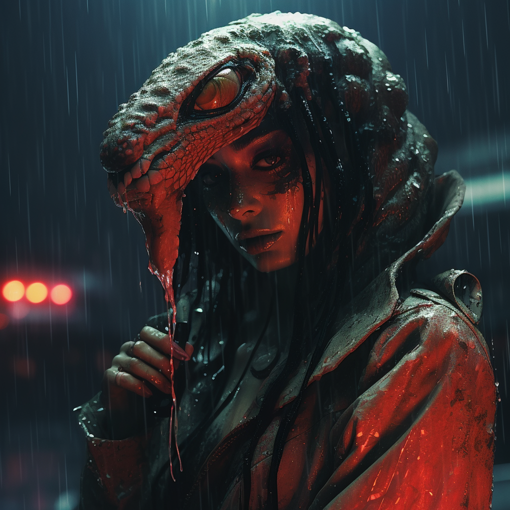 Feminine snake head in gritty cyberpunk rain