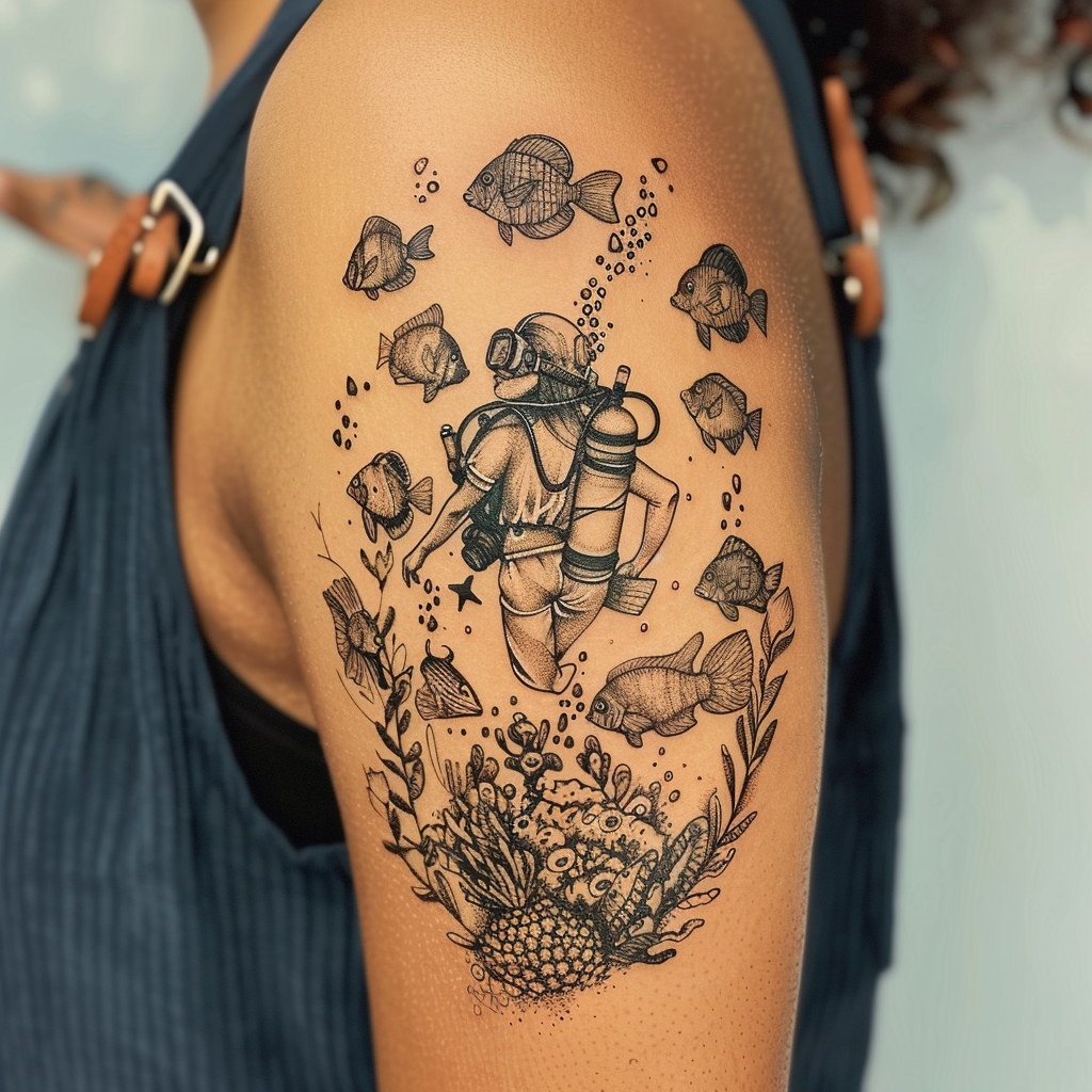 Diver Tattoo with Tropical Fish