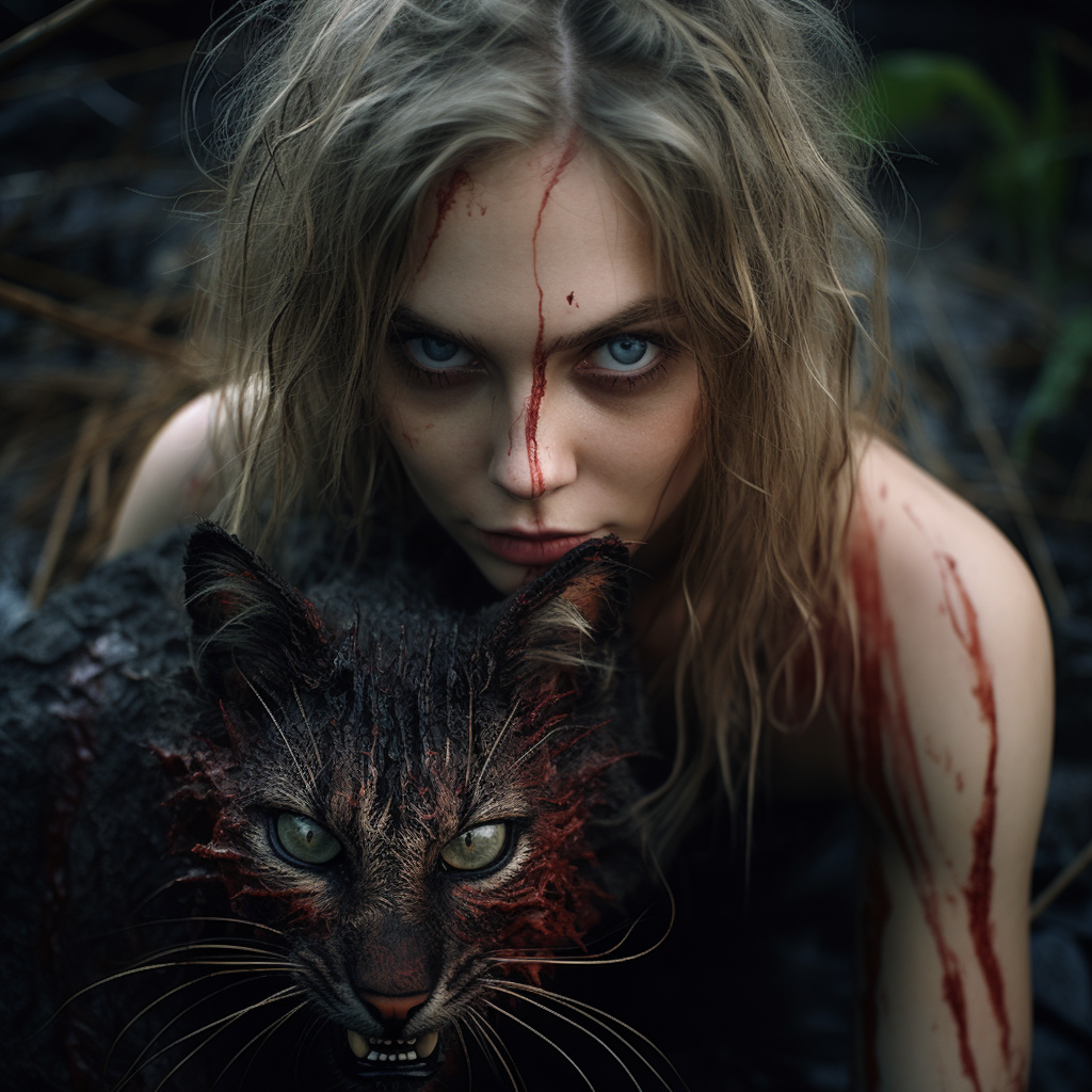 Feral woman cat in realistic horror movie scene