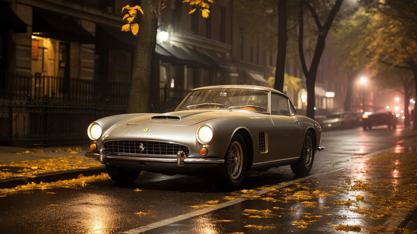 Beautiful woman driving a classic Ferrari at night