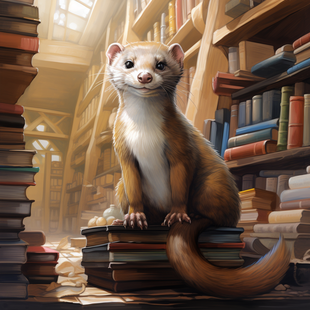 Brown Ferret with Blue Stripe in Library