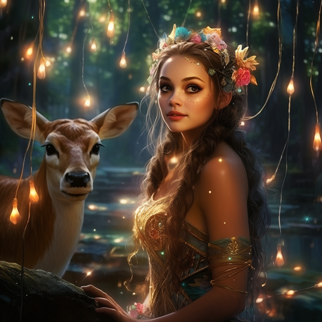 Princess in enchanted forest with animals and fairies