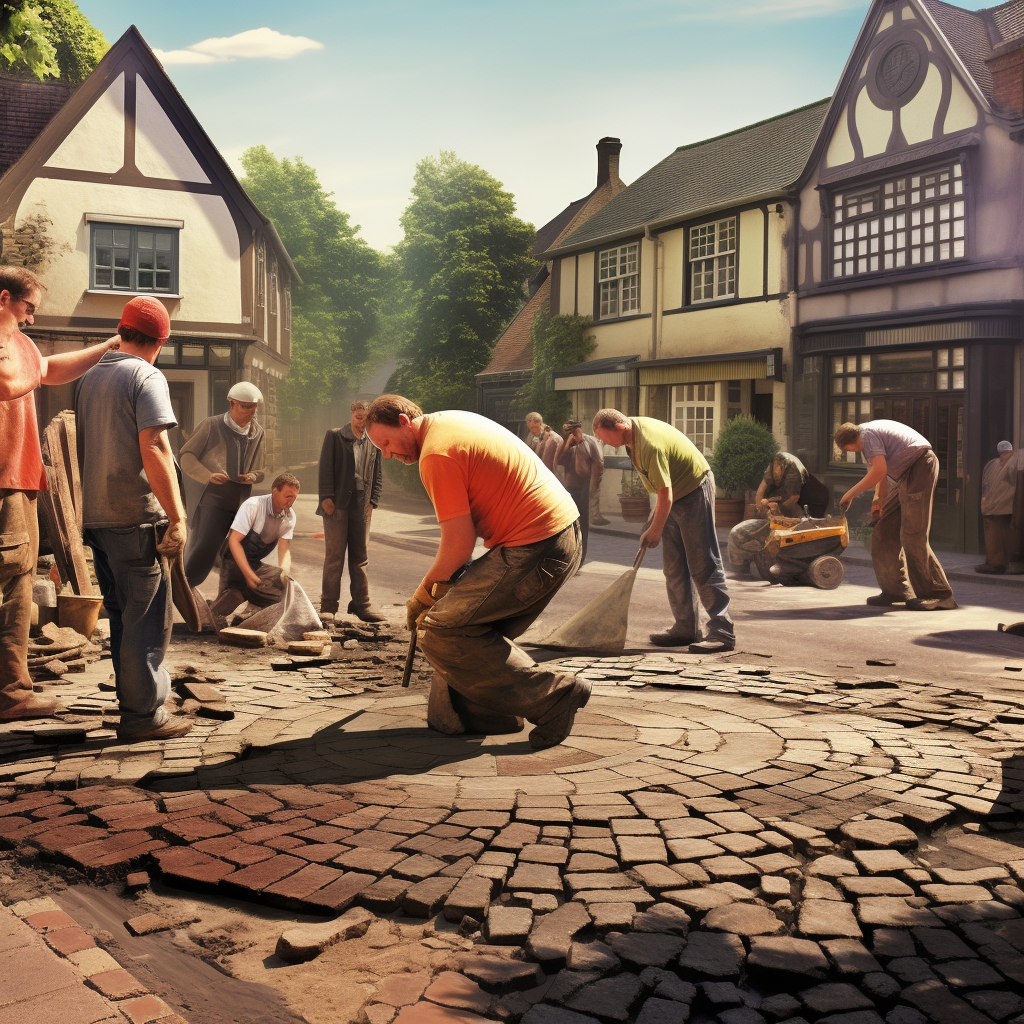 Adults removing paving stones in festive celebration