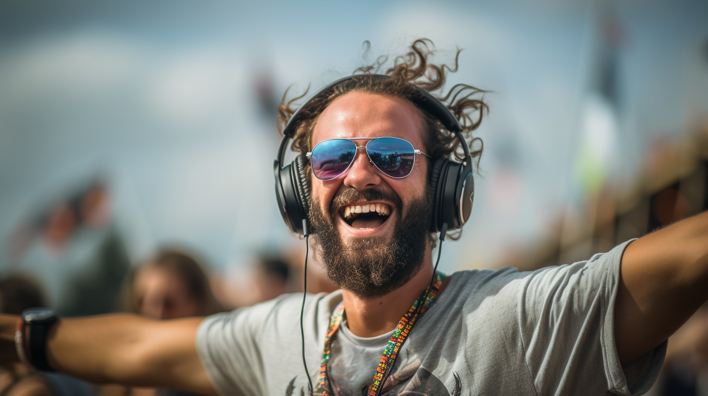 Guy enjoying dancing at festival with ear protection