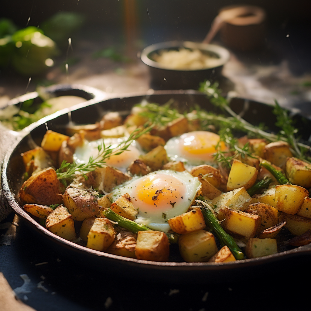 Roasted Asparagus and Potato Hash with Baked Eggs