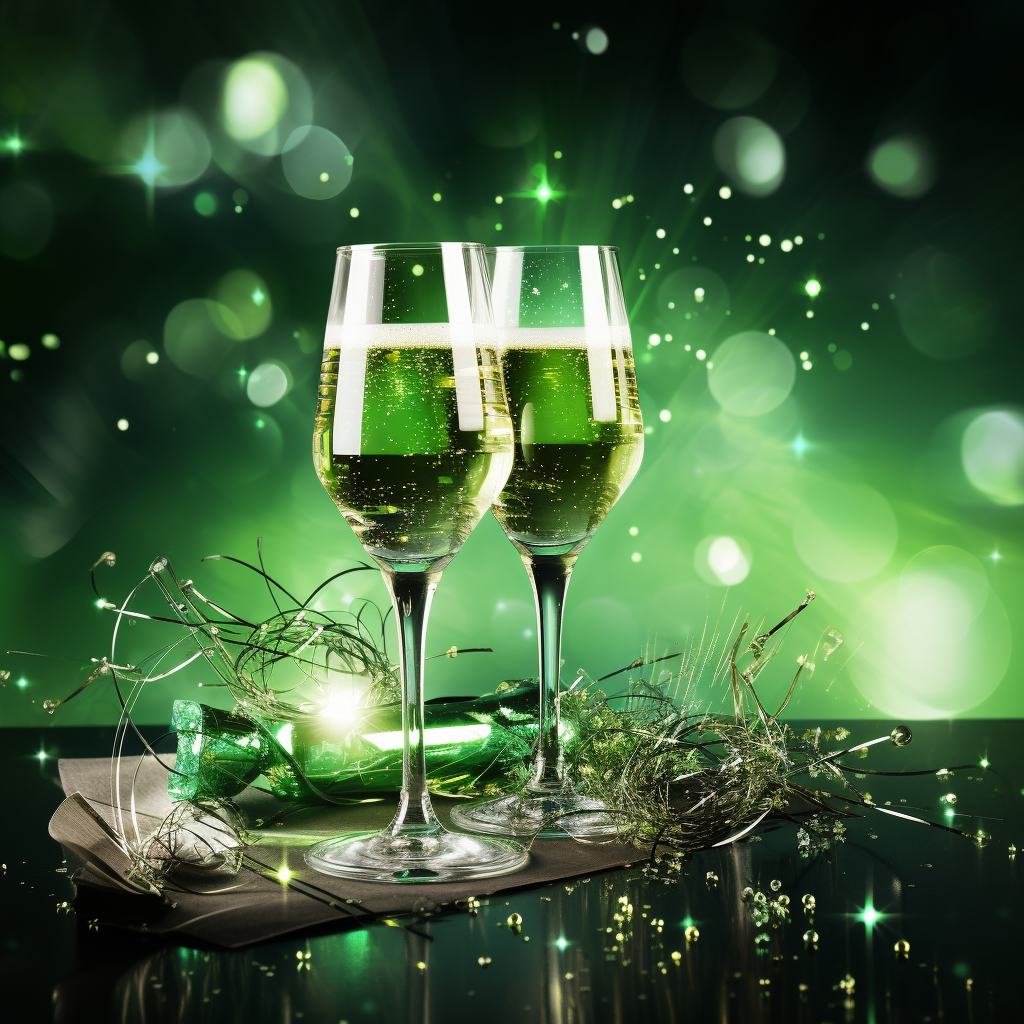 Birthday background with bright green colors and champagne