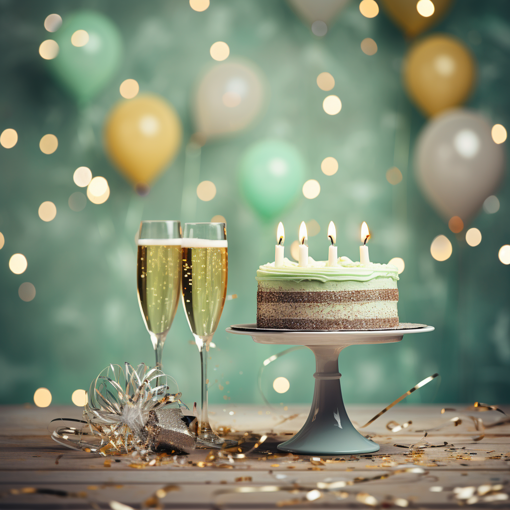 Festive Birthday Background with Green Champagne Cake Candles