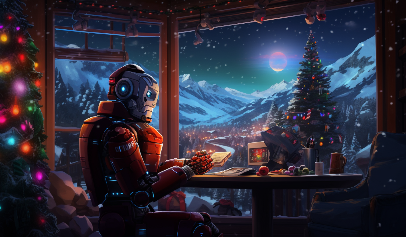 Robot looking at lightning in festive cabin