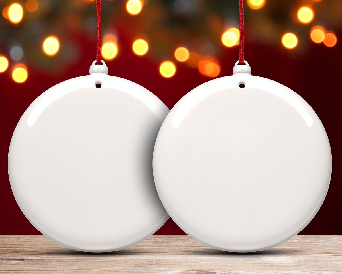 Two White Circle Ceramic Christmas Ornaments Mockup