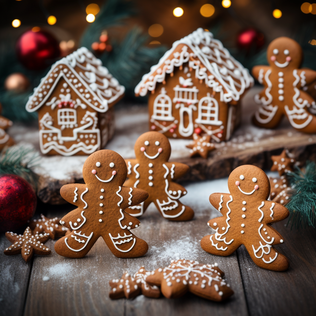 Gingerbread cookies dancing in winter wonderland