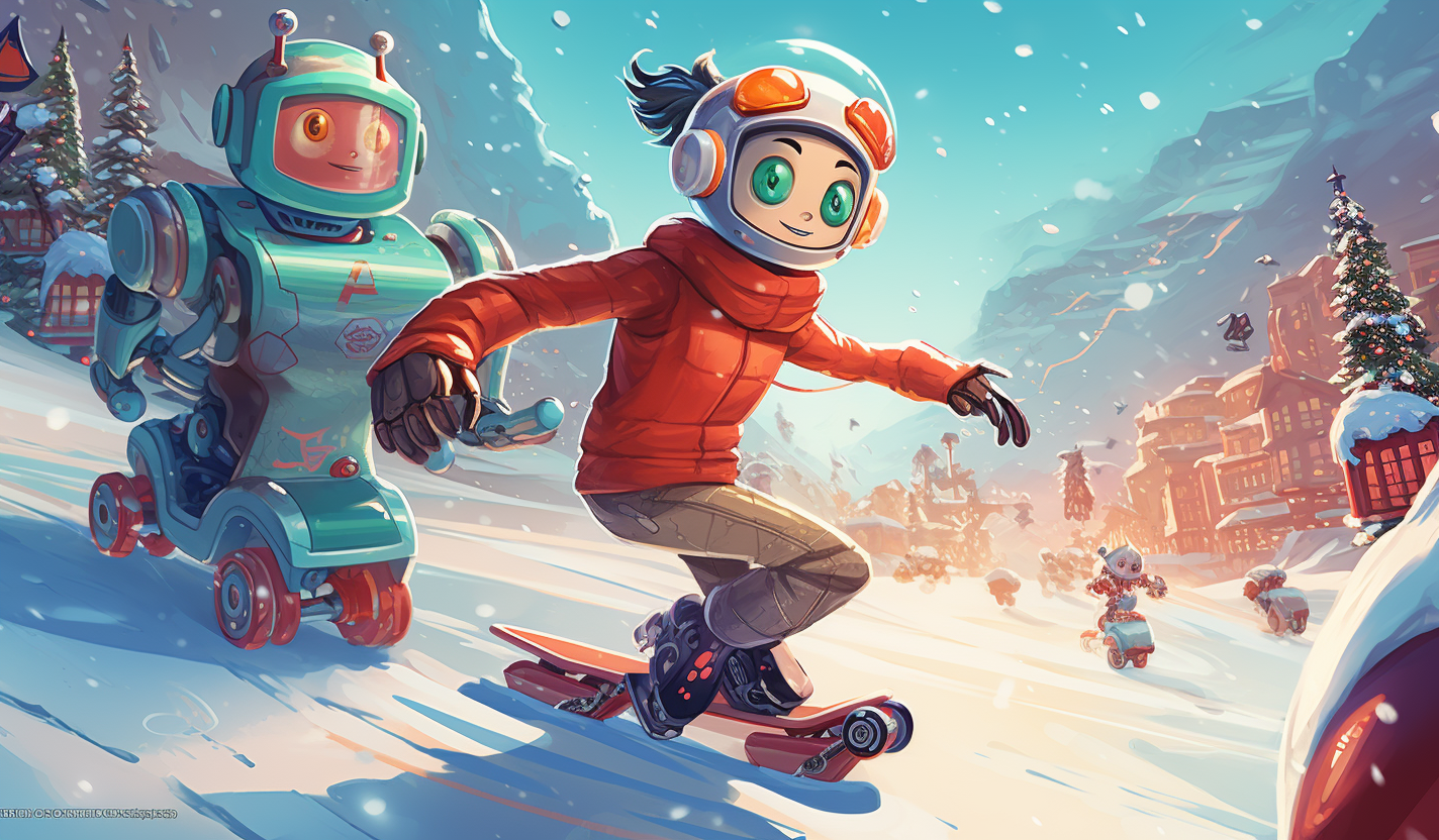 Robot snowboarding in festive holiday scene