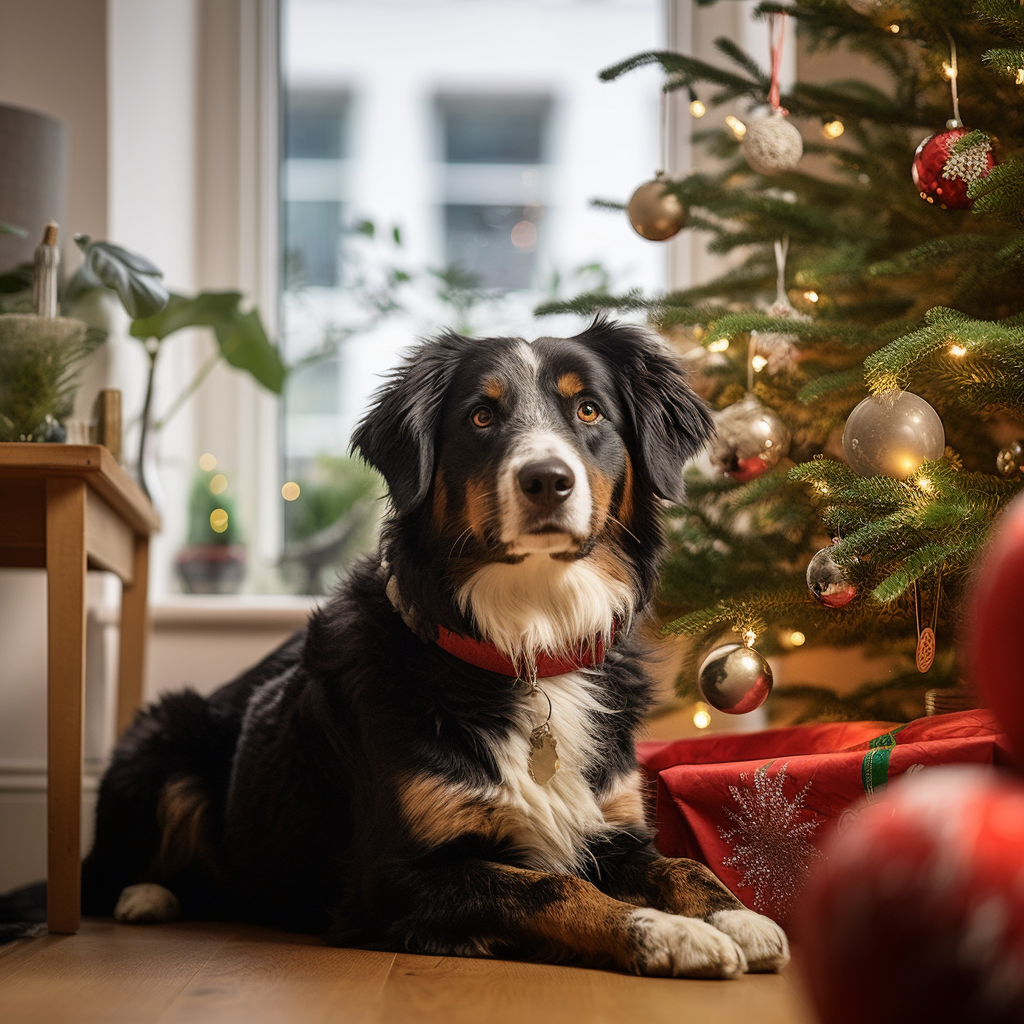 Happy dog in front of Christmas tree