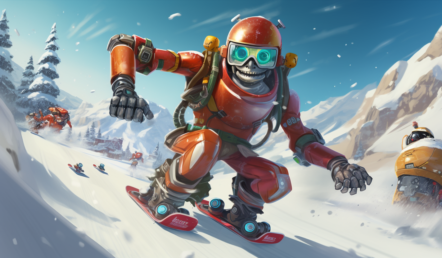 Robot and Human Snowboarding in Festive Scene