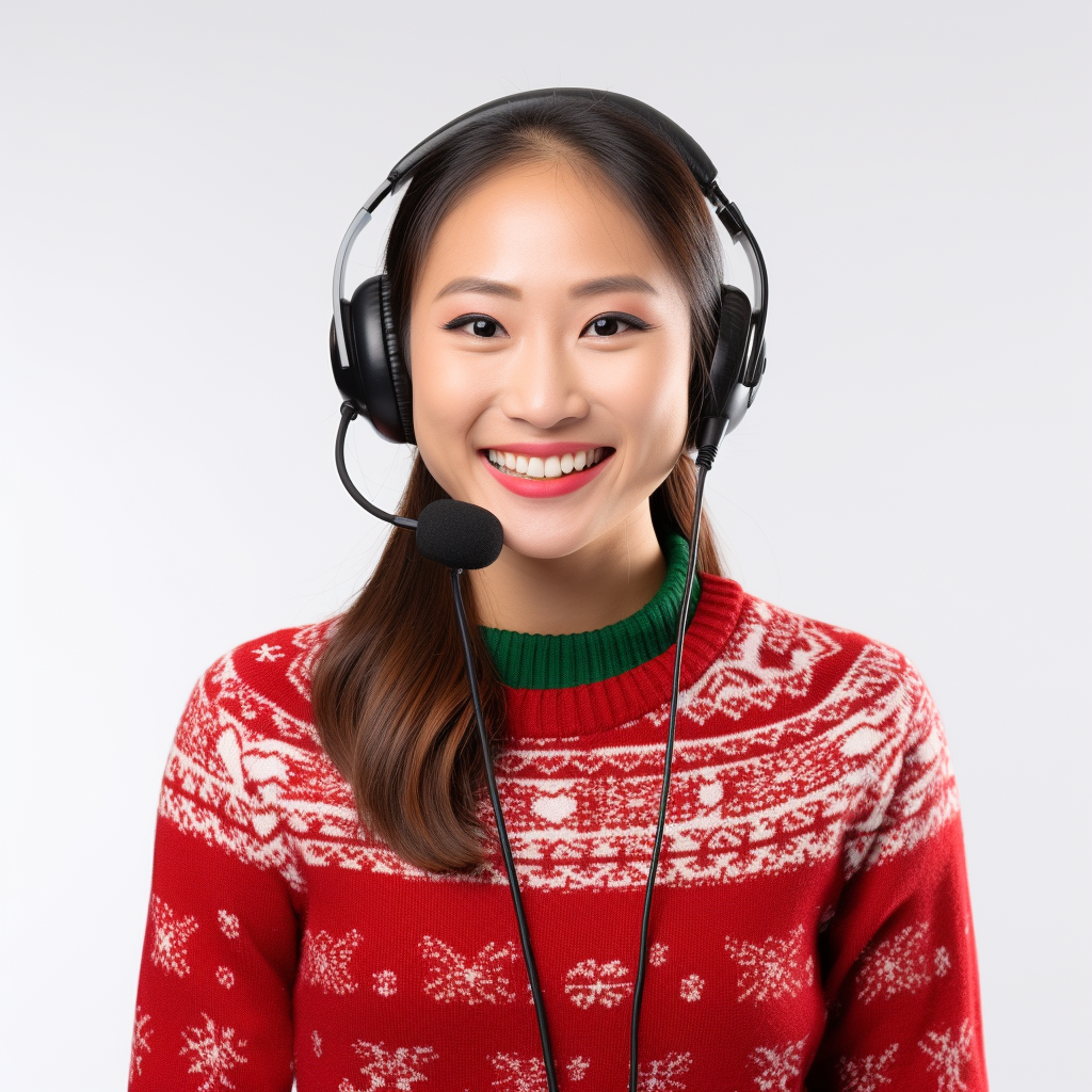 Friendly Asian female receptionist with holiday sweater