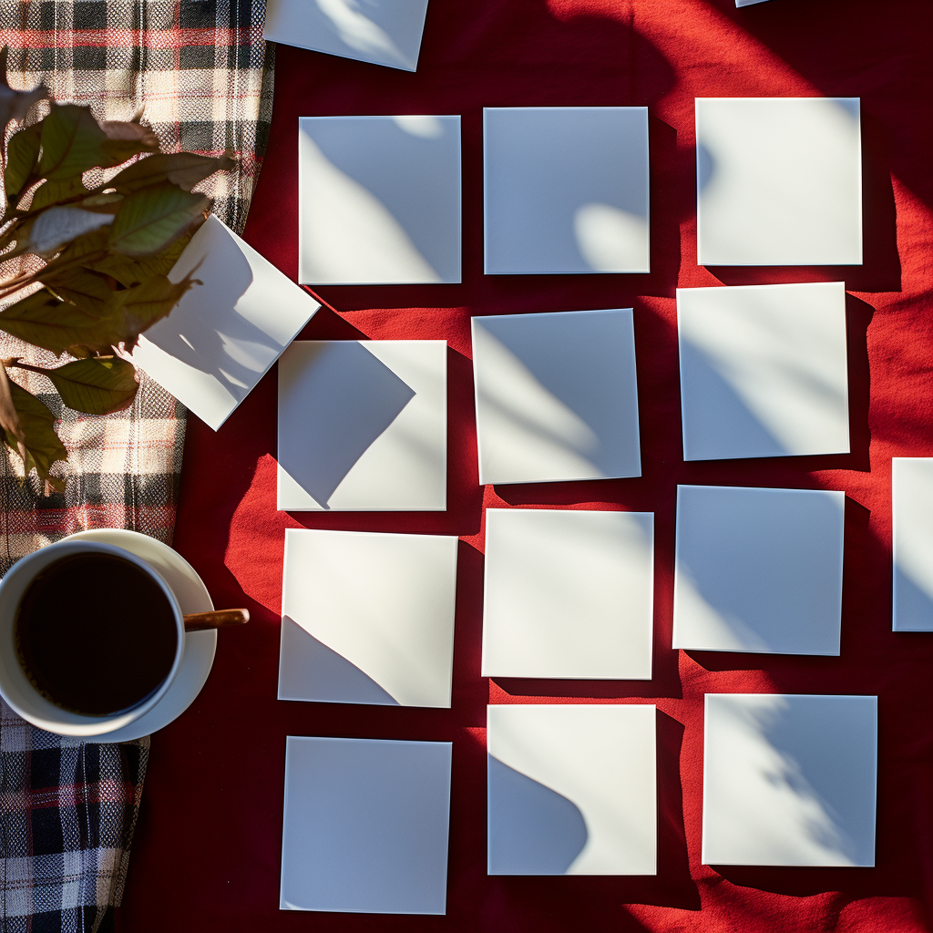 Blank square greeting cards on festive Christmas tablecloth