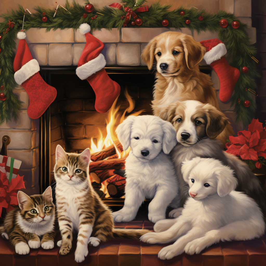 Group of Puppies and Kittens by Festive Fireplace