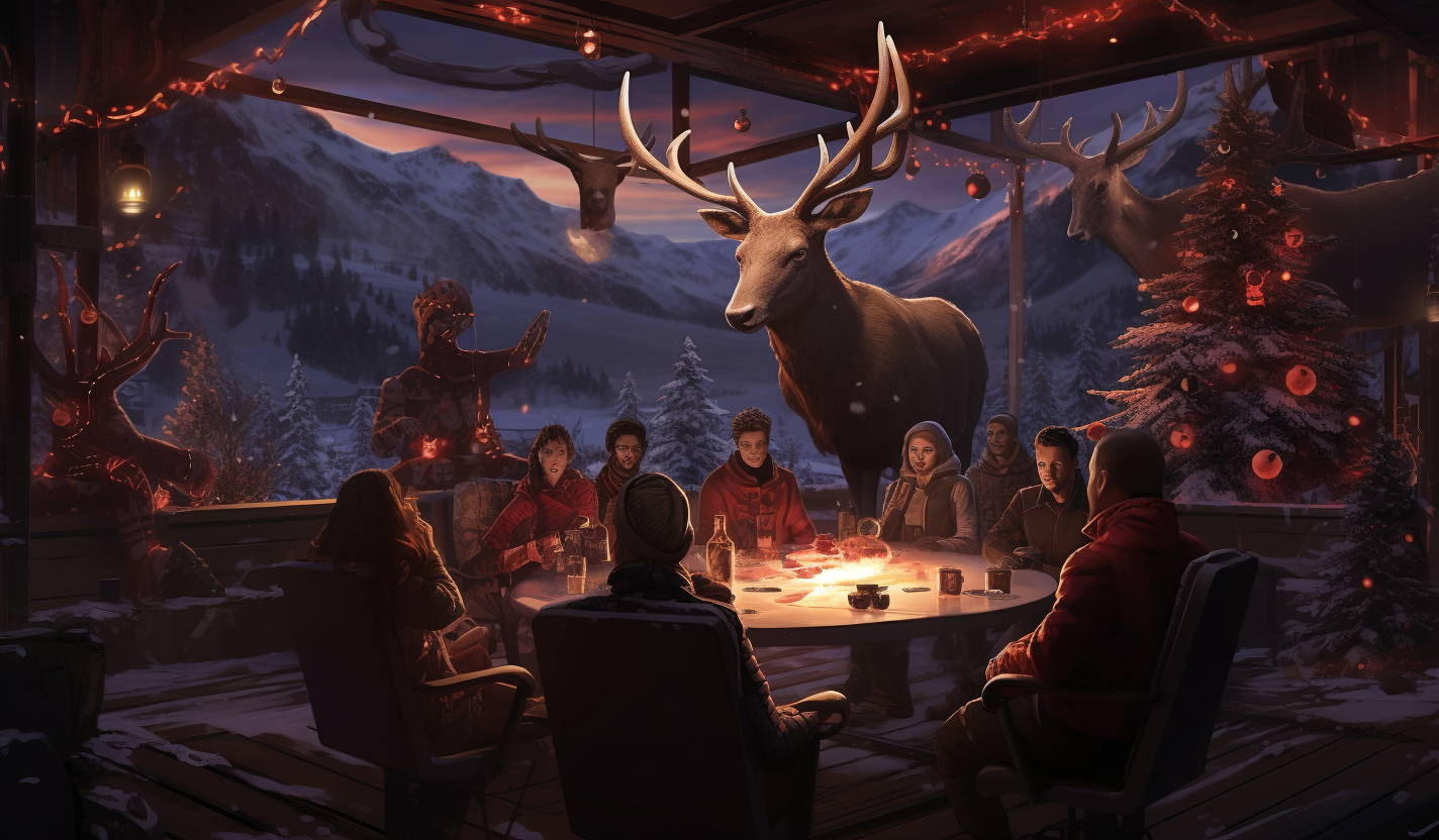 Group enjoying cozy cabin holiday party