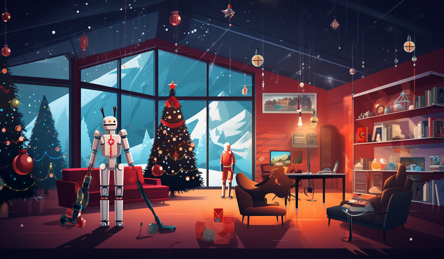 Group of Humans and AI Robots Celebrating Festive Holiday Party