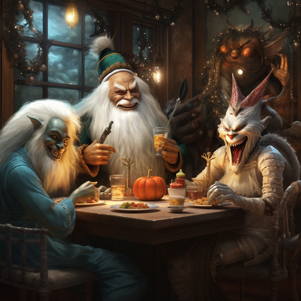 Santa, bunny, fairy, and king having lunch