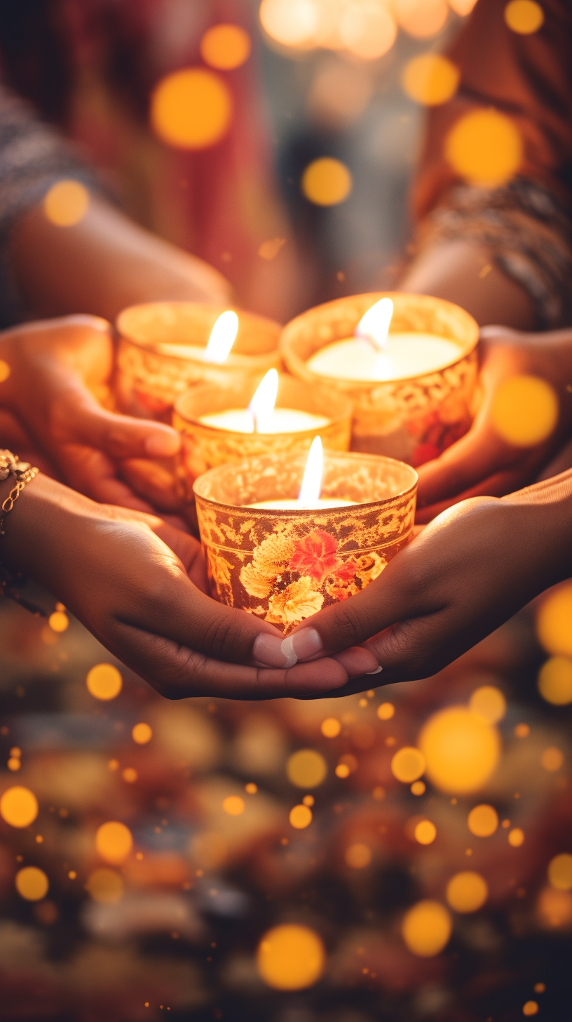 Traditional festivity candles illuminating hands