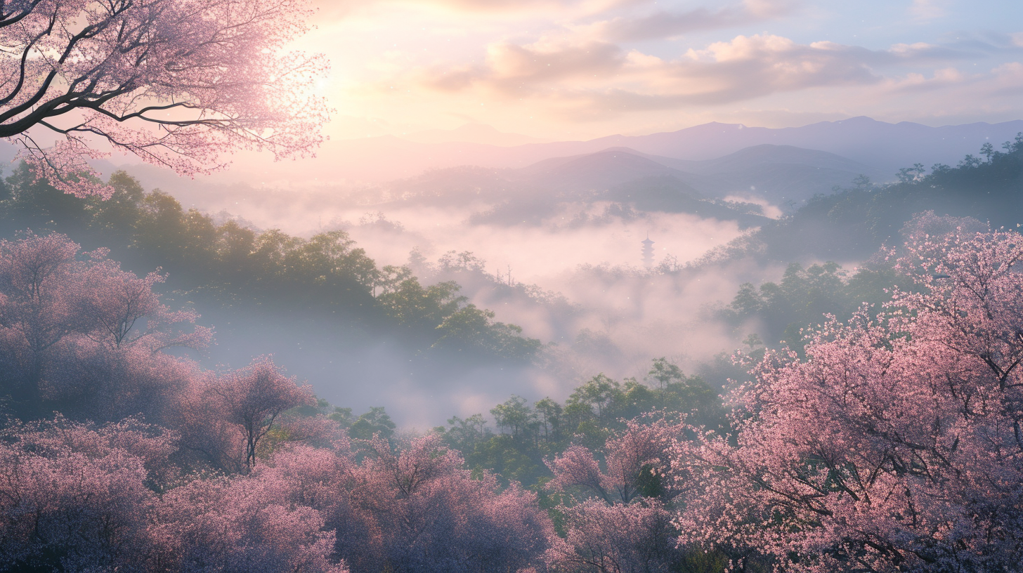 Feudal Japan Cherry Blossoms at Dawn