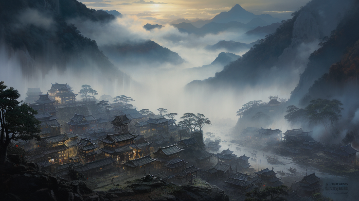 Gorgeous Feudal Japan Hillside Village Painting