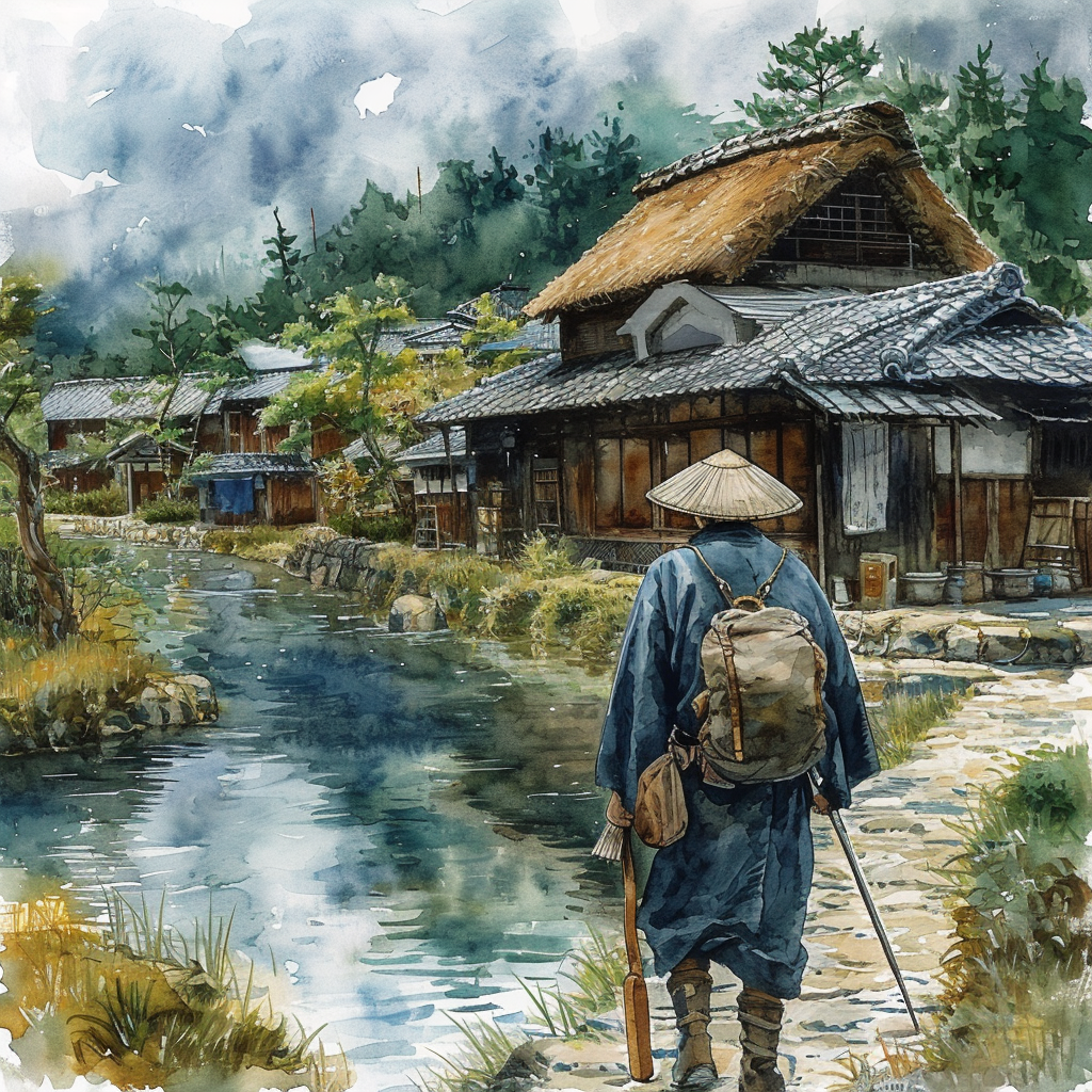 Japanese fisherman in feudal village