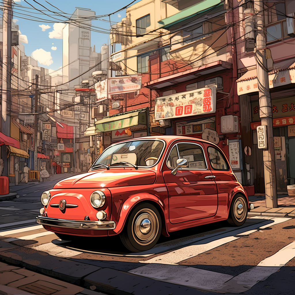 Detailed anime-style Fiat 500 city car