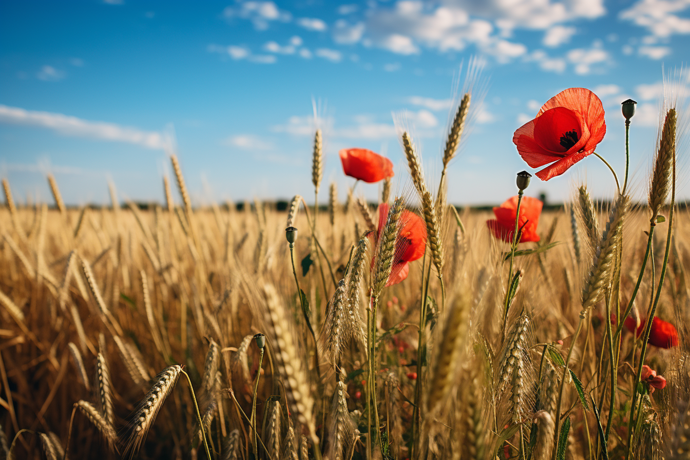 Field of grain with poppies in muted colors