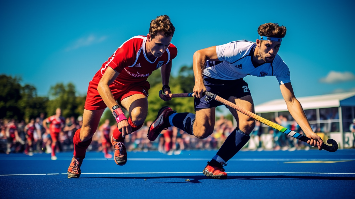 Field hockey game image with two players, one in blue and the other in red