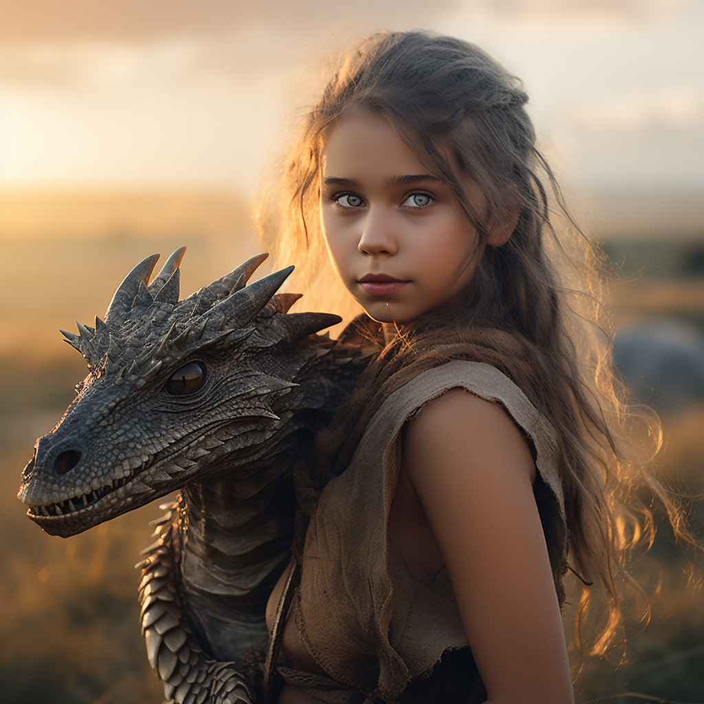 Young girl bonding with a baby dragon