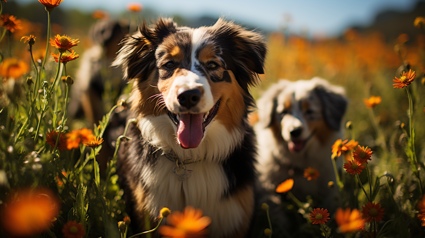 Adorable Puppy Minature Bernedoodles in Flower Field