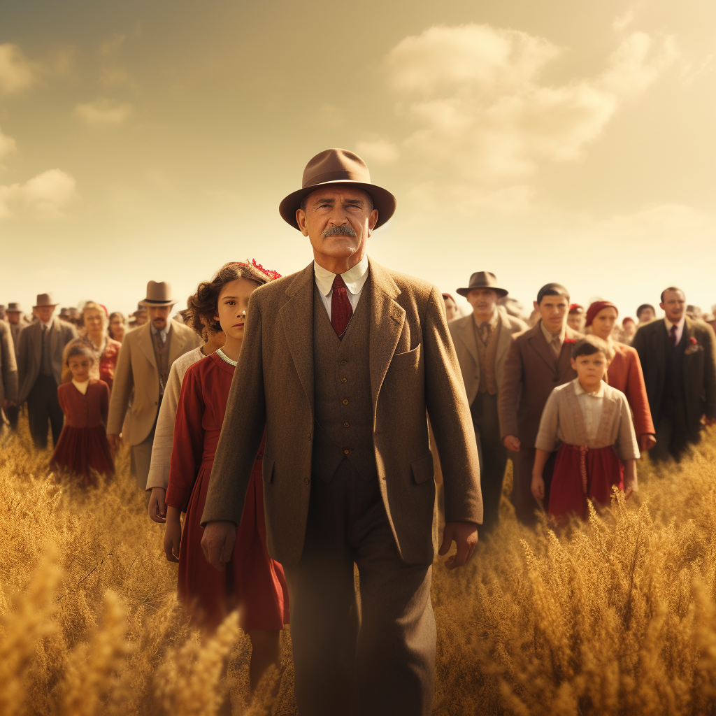 Group walking in field with Atatürk