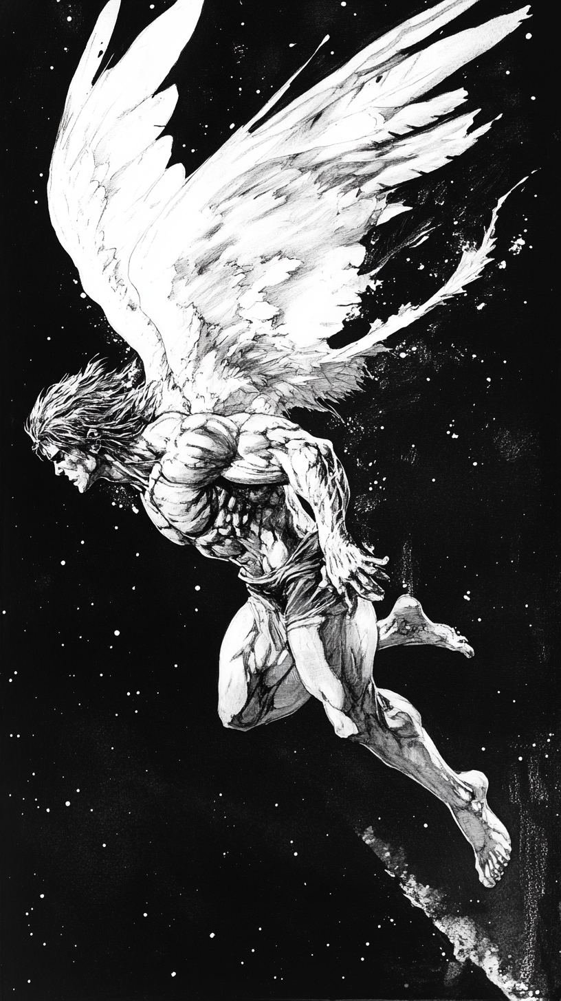 fierce, muscular angel flying through vast space, determined expression