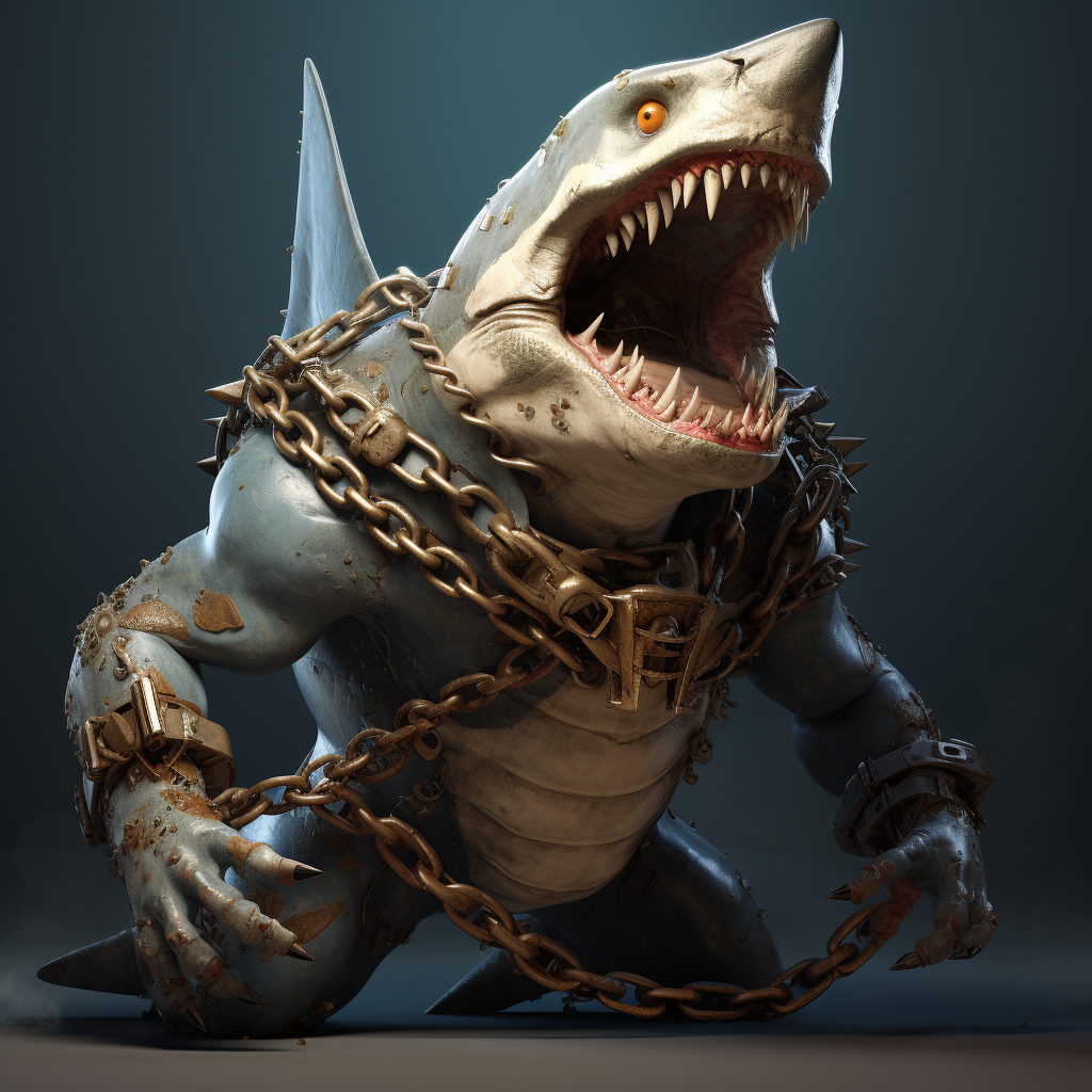 Fierce shark with chains flexing muscles