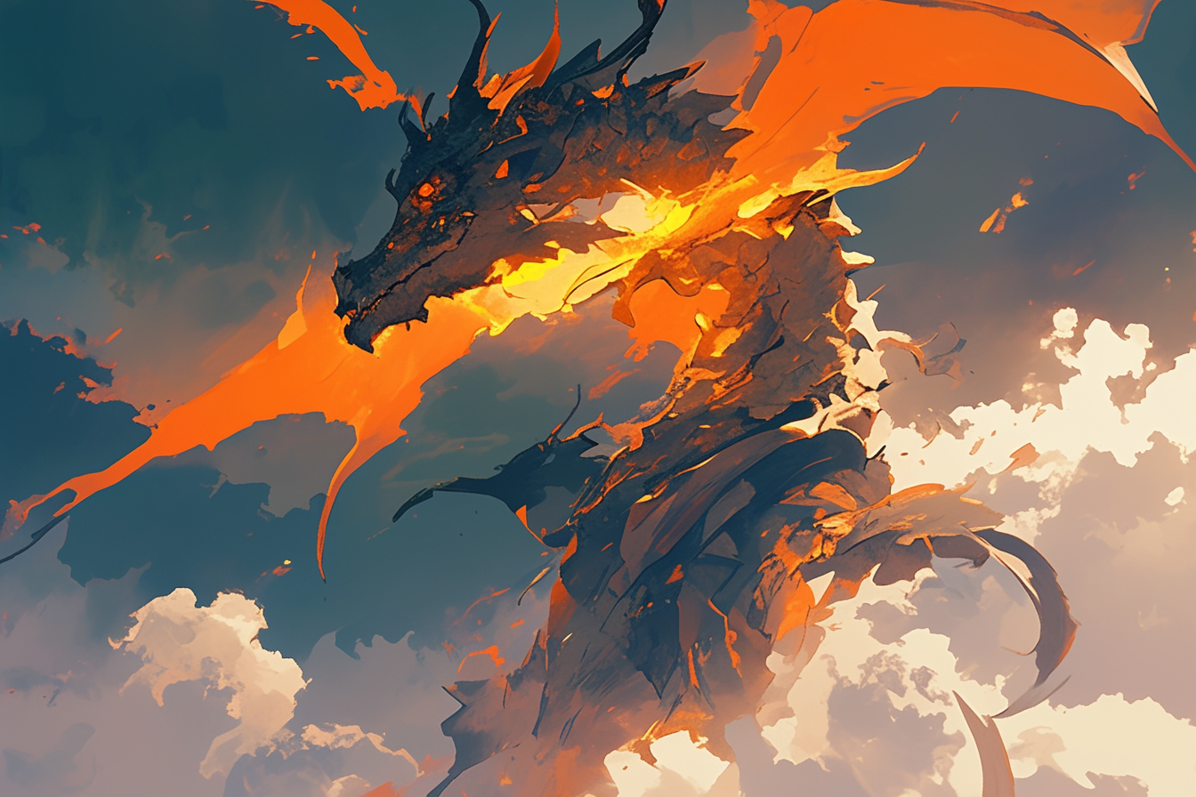 fierce dragon breathing fire stormy sky