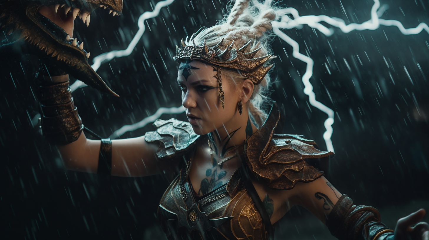 Fierce warrior with dragon claws in storm