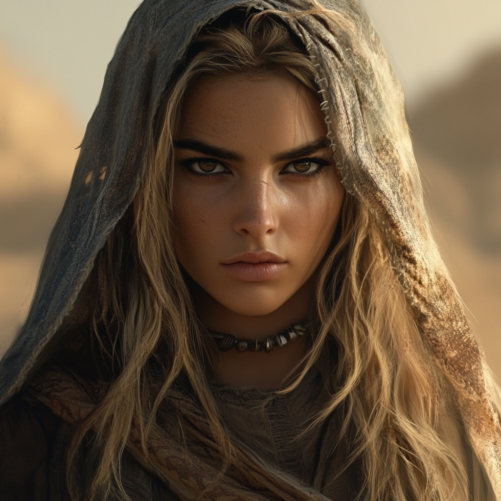 fierce prophetess in desert with ethereal expression