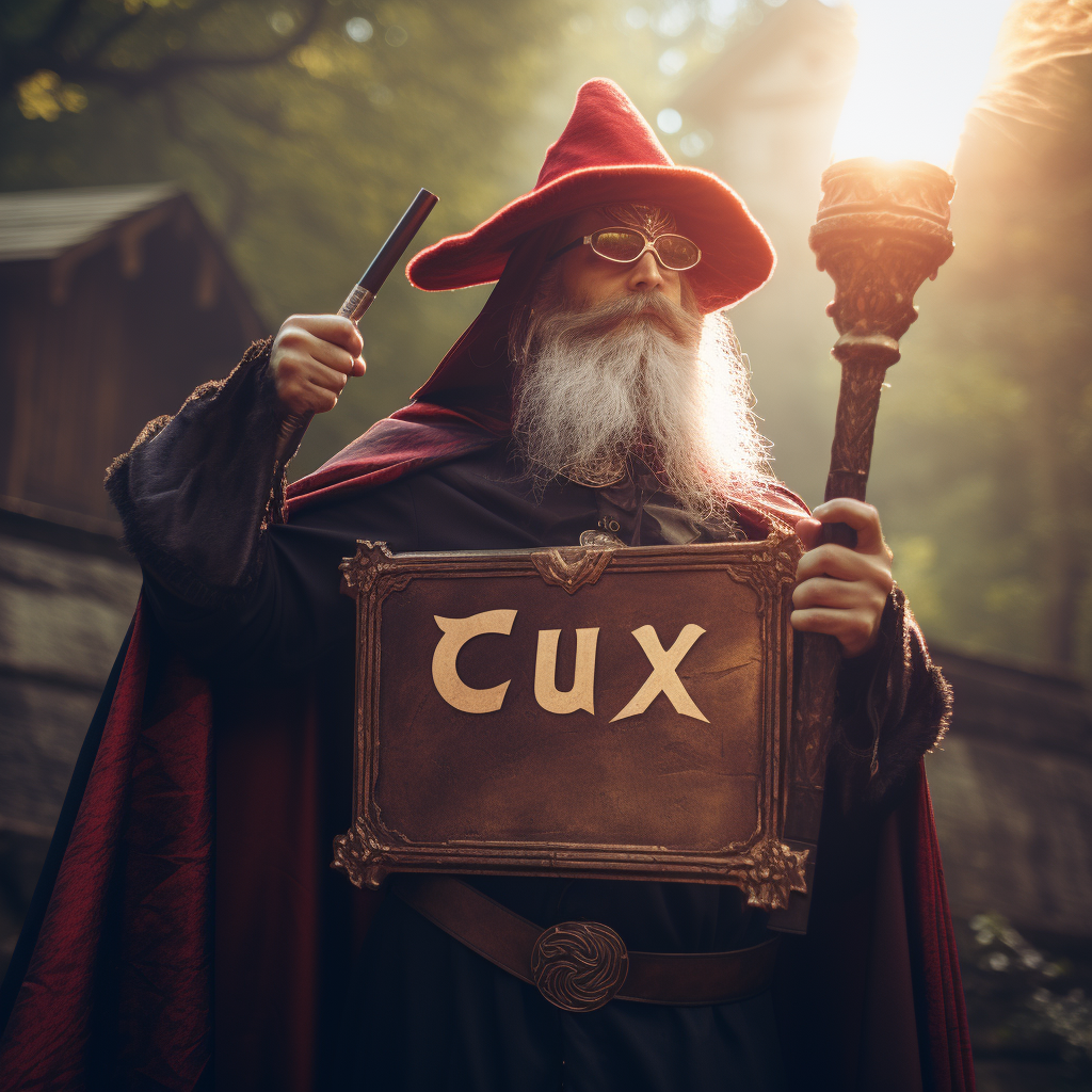 Fierce wizard holding sign CXU  ?