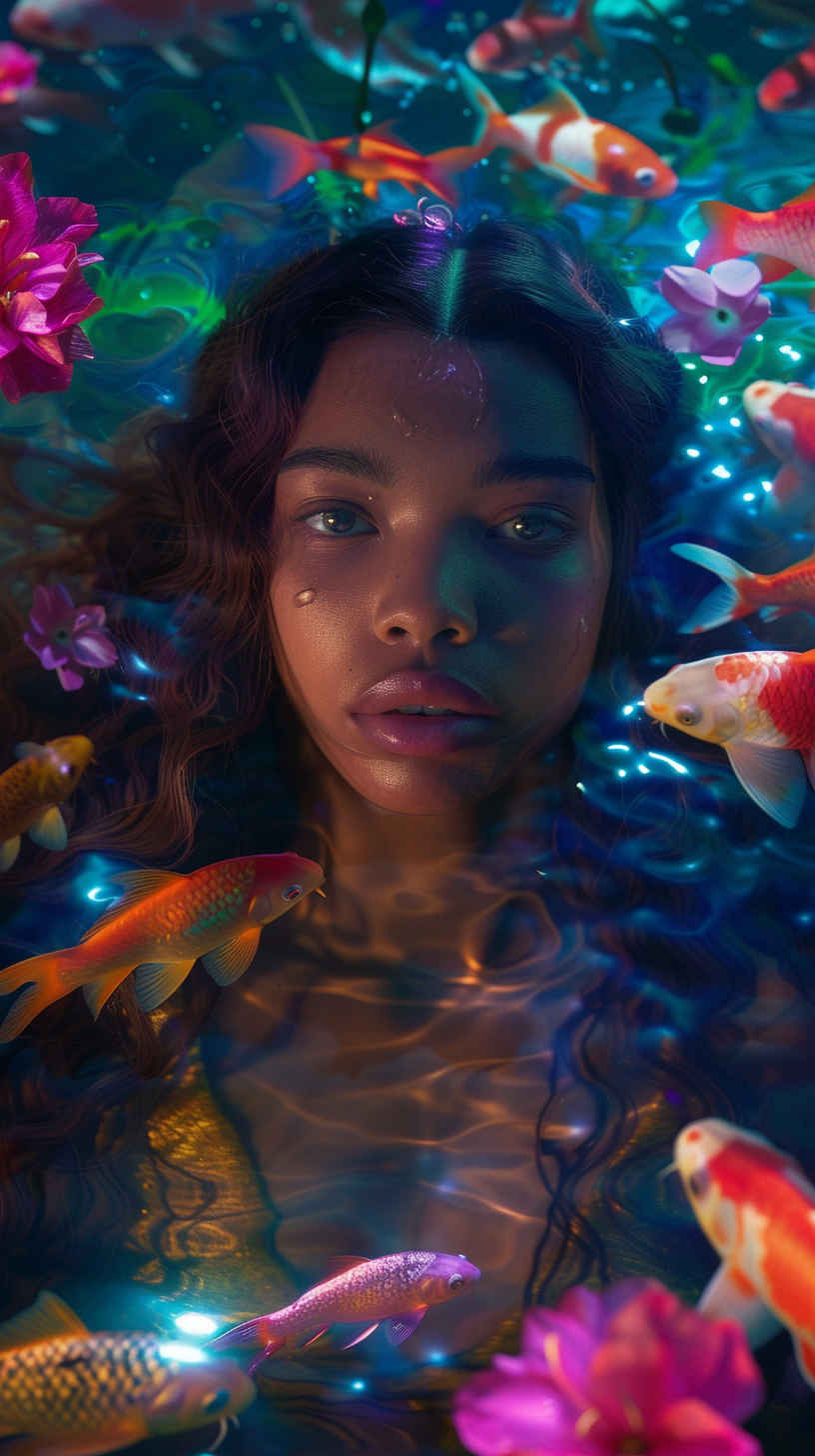 Beautiful dark-skinned woman surrounded by fish and flowers