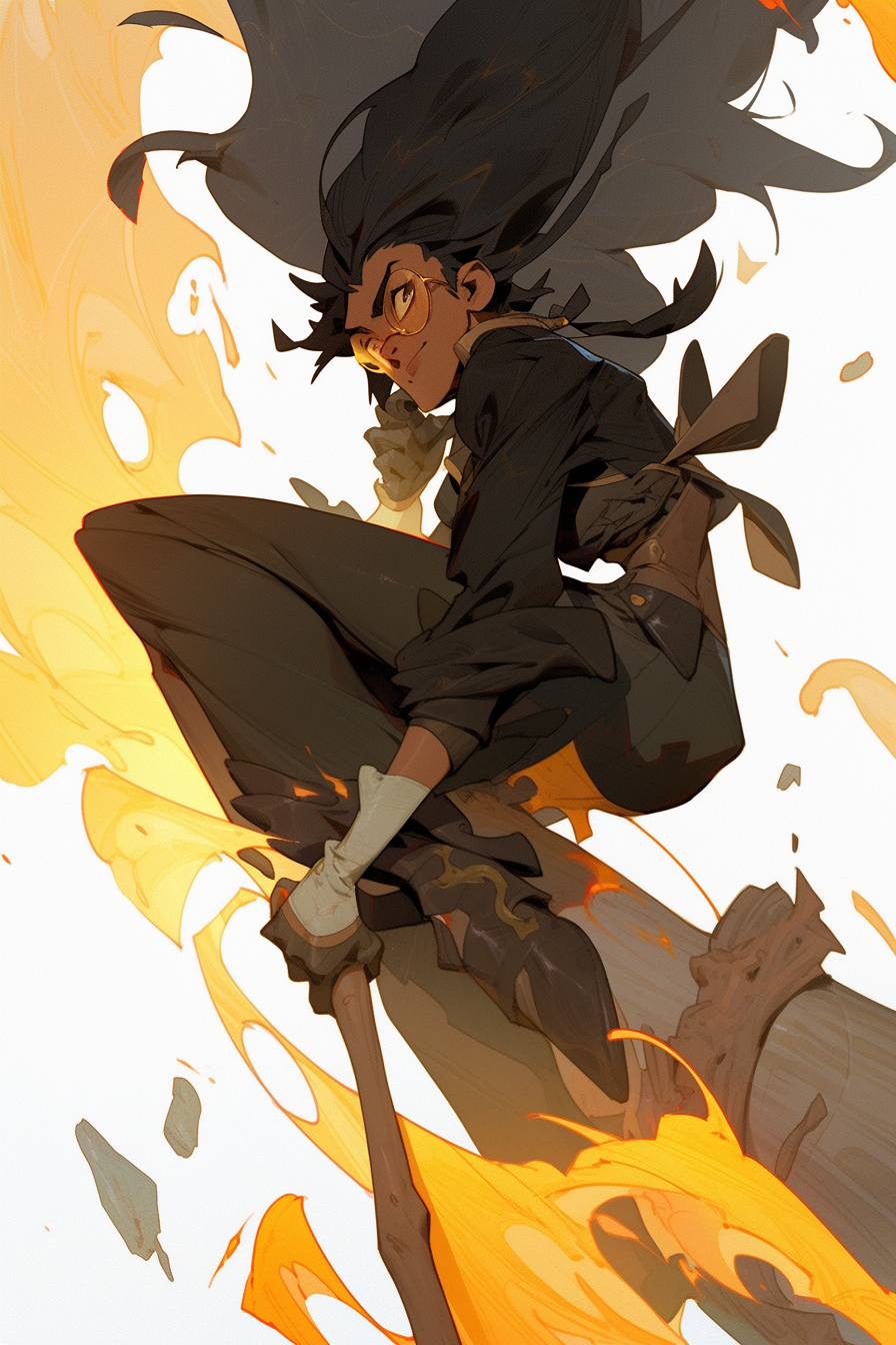 Determined warrior with fiery black hair