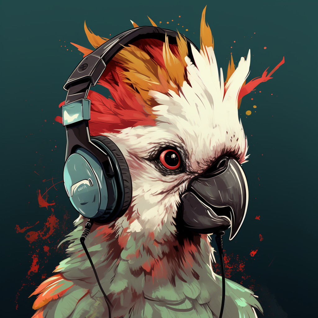 Cockatoo wearing headphones with flames  ??